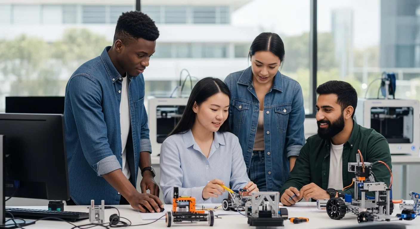 Grupo diverso de estudiantes colaborando en un proyecto de ingeniería en el campus de una Universidad Tecnológica.