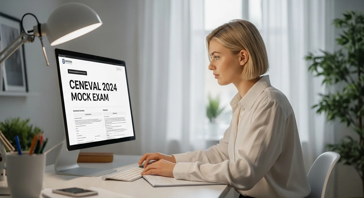 Una persona realizando un examen de simulación del curso Ceneval 2024 en una computadora, reflejando la modalidad en línea.