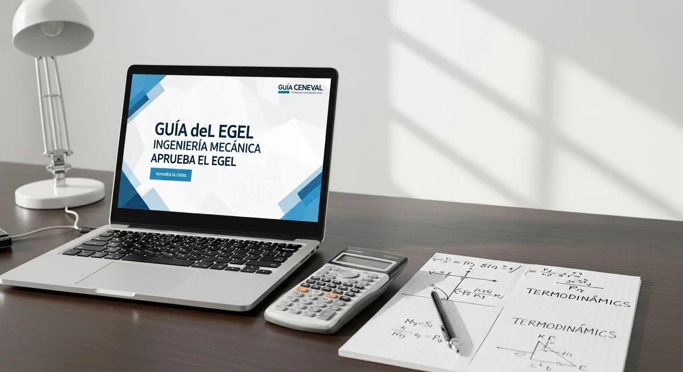 Escritorio con calculadora, laptop mostrando la guía del egel ingenieria mecanica y apuntes sobre termodinámica.