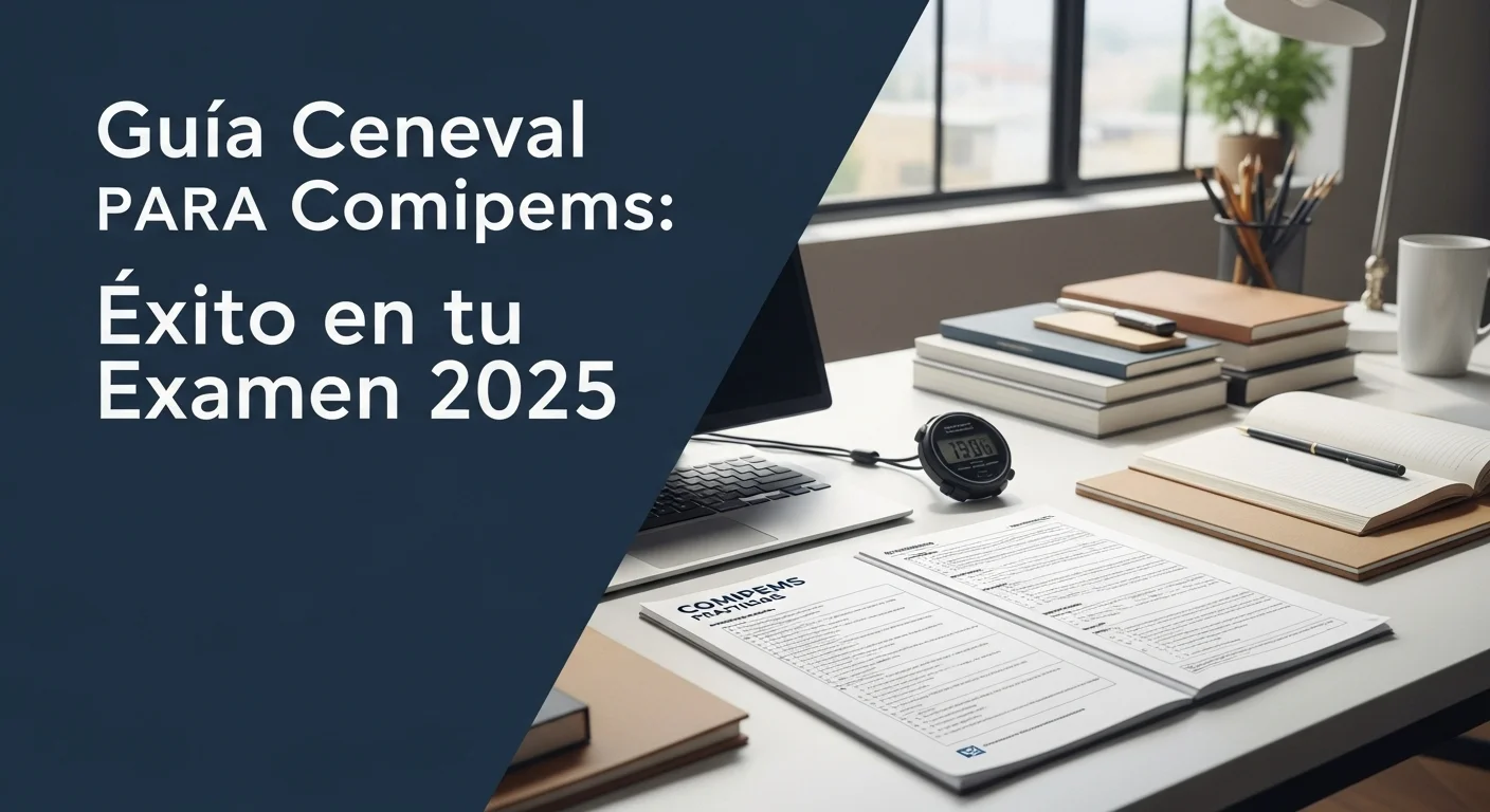 Escritorio con un examen de simulación para Comipems, un cronómetro y material de estudio