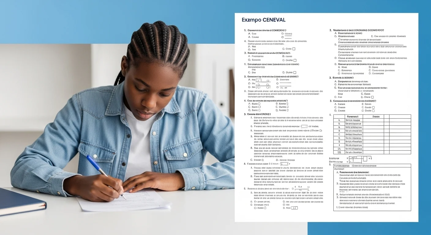 Estudiante concentrado resolviendo un examen tipo CENEVAL, con ejemplos de preguntas de opción múltiple y relación de columnas visibles.