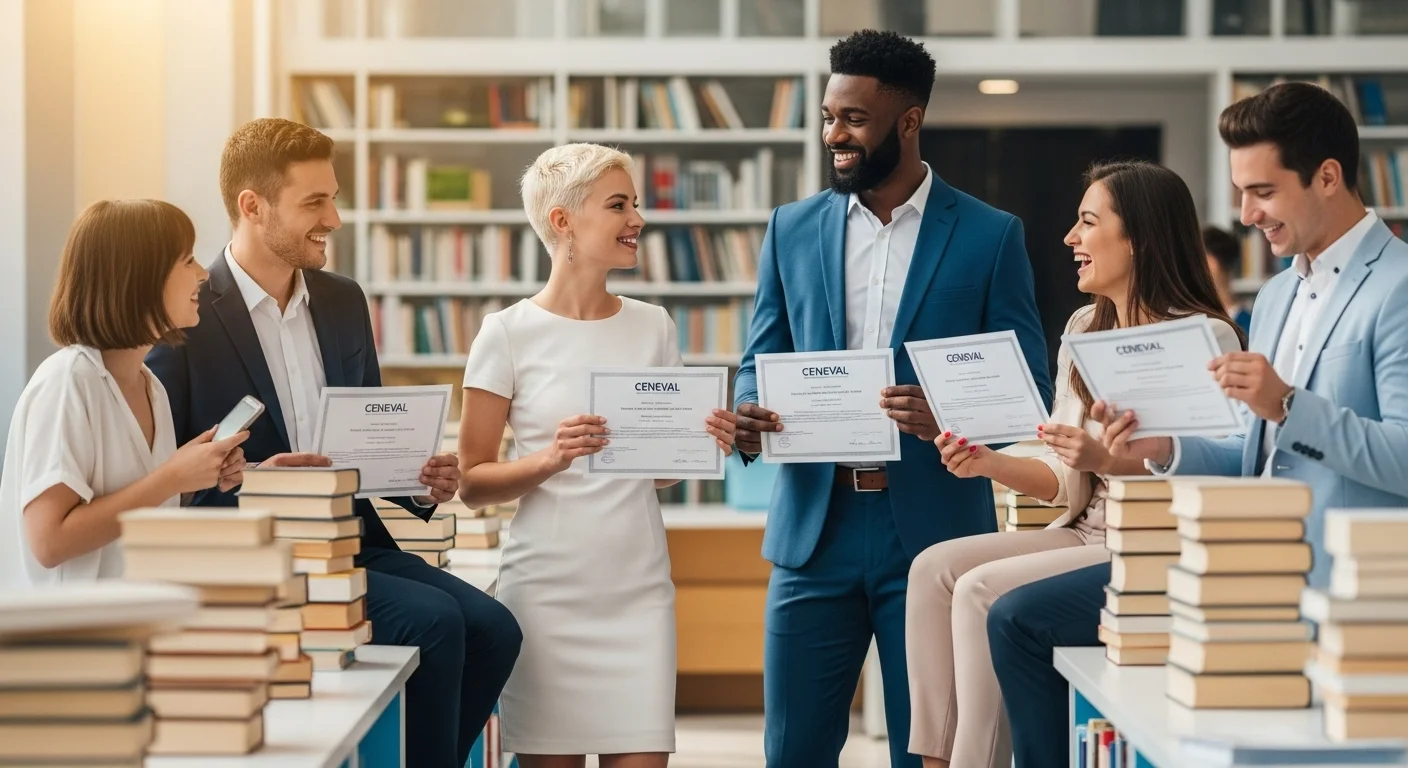 Grupo de egresados de diversas facultades celebrando con sus testimonios de desempeño del CENEVAL.