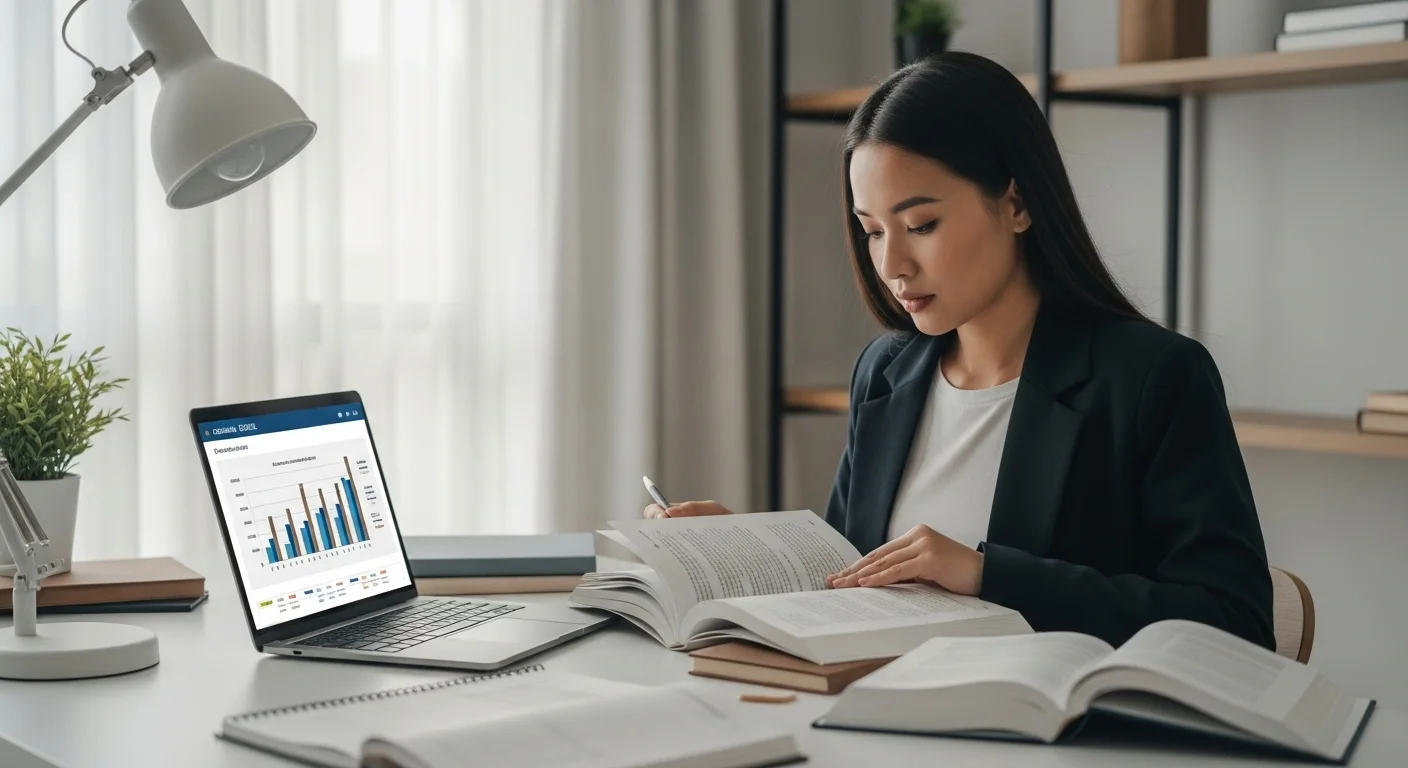 Estudiante de administración de empresas preparándose para el examen CENEVAL EGEL con libros y una laptop.