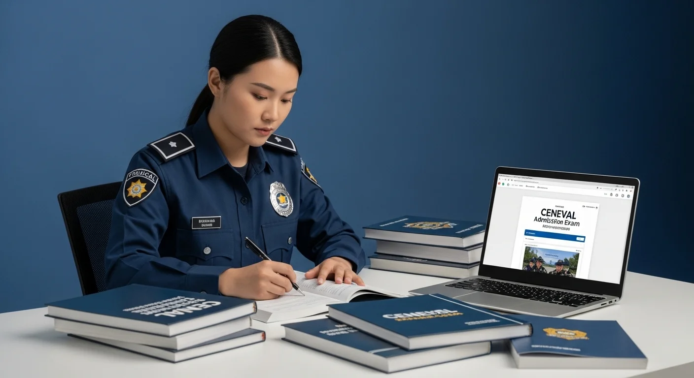 Aspirante estudiando para el examen de admisión de la policía CENEVAL 2024, con guías y laptop.