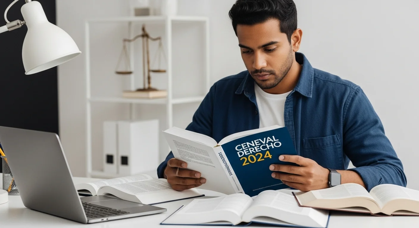 Estudiante de derecho preparándose para el examen Ceneval Derecho con libros y una laptop, enfocado en la guía del ceneval 2024.