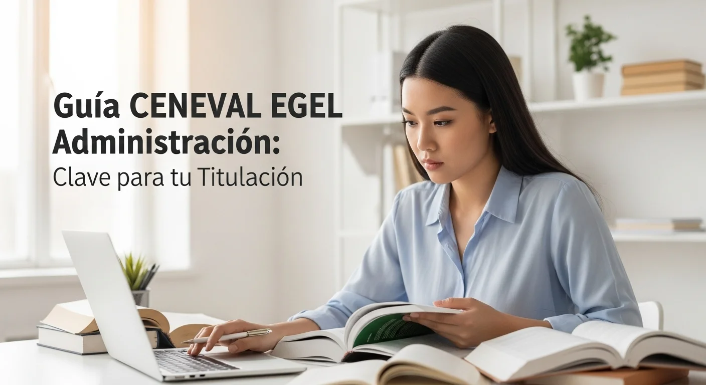 Estudiante preparándose para el examen CENEVAL EGEL Administración con libros y una laptop