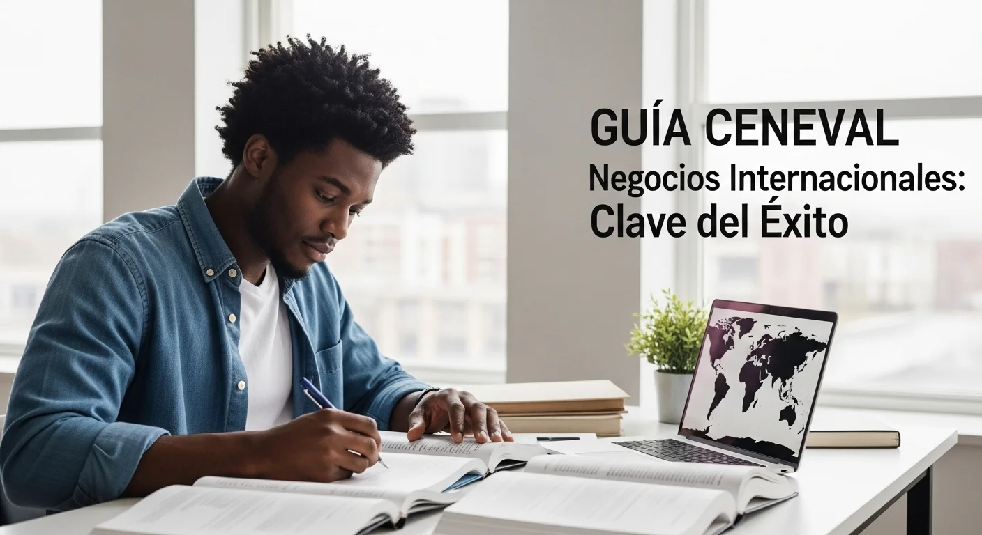 Estudiante preparándose para el examen CENEVAL de Negocios Internacionales con libros y una laptop.