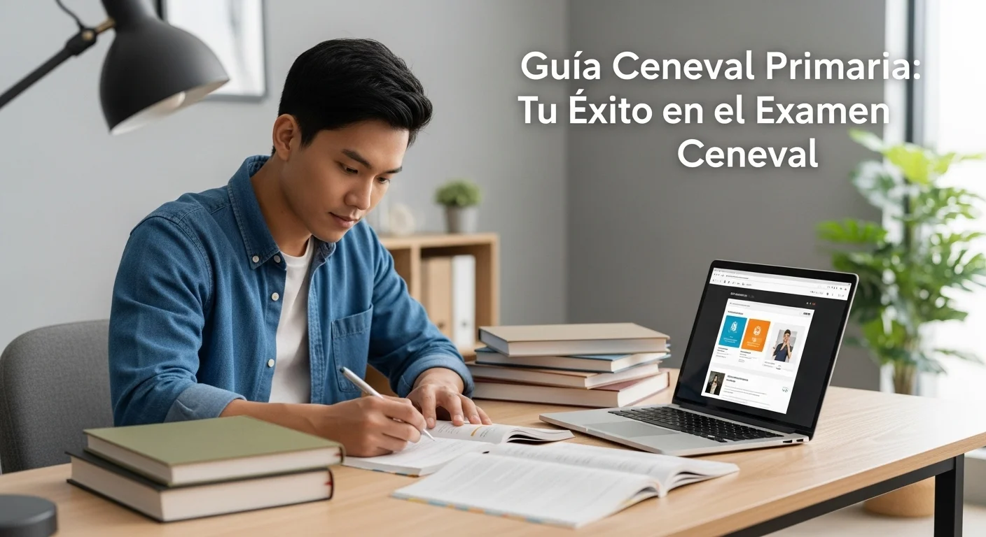 Una persona estudiando para el examen Ceneval Primaria con libros y una laptop, representando la preparación para la licenciatura en educación primaria.
