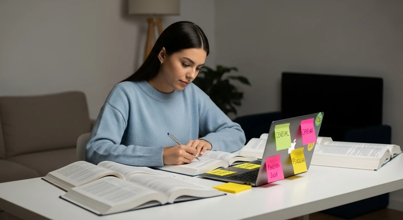 Estudiante de psicología concentrada preparando su examen CENEVAL con libros, laptop y notas adhesivas.
