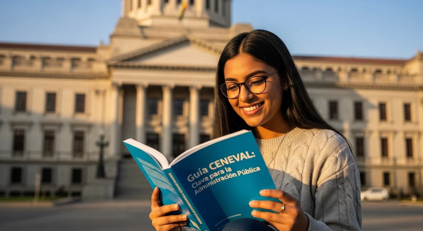 Estudiante consultando una guía CENEVAL para su examen de administración pública frente a un edificio gubernamental.