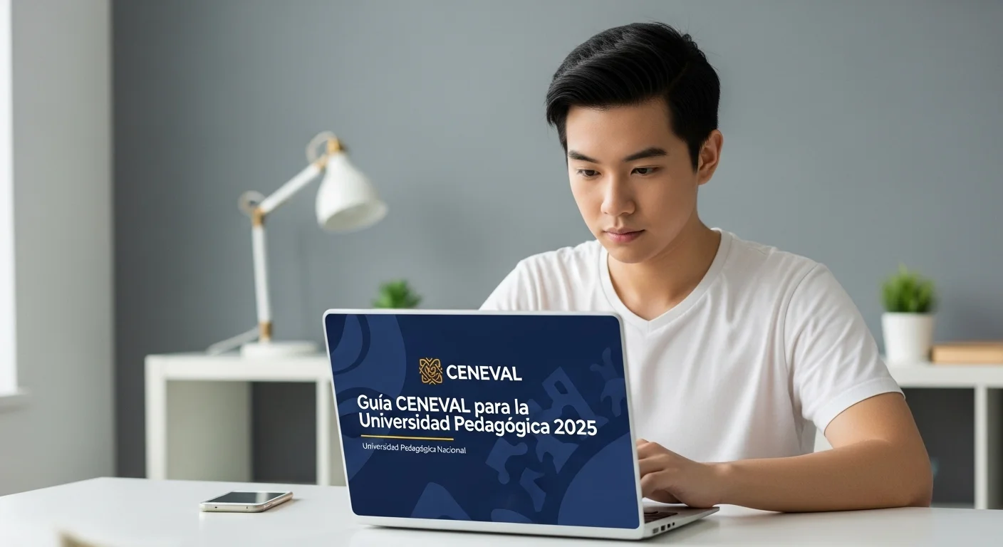 Estudiante consultando la guía del CENEVAL en una computadora, con el logo de la Universidad Pedagógica Nacional visible.