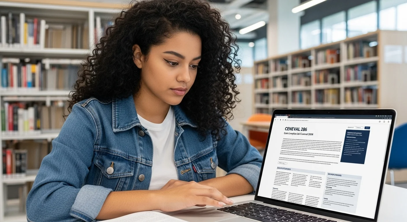 Estudiante consultando la guía de estudio para el examen Ceneval 286 en una computadora portátil.