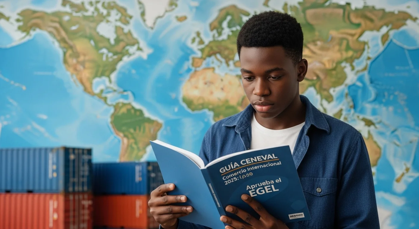Estudiante consultando una guía de estudio para el examen CENEVAL de Comercio Internacional, con un mapa del mundo y contenedores de carga de fondo.