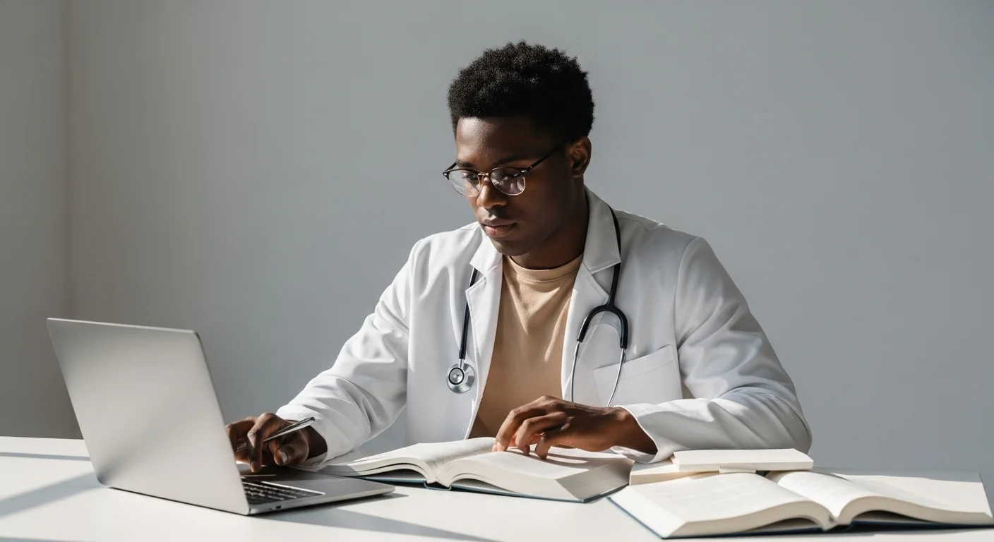 Estudiante de medicina preparándose para el Ceneval Medicina Exam con libros y una laptop