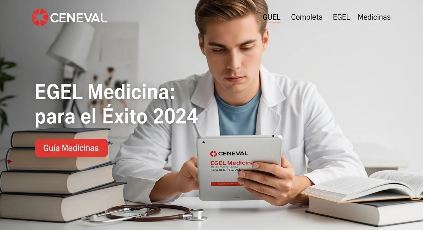 Estudiante de medicina consultando la guía CENEVAL para el EGEL Medicina 2024 en una tableta, con libros y un estetoscopio al lado.