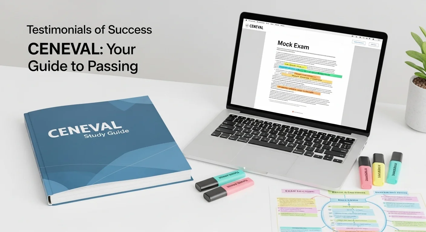 Escritorio de estudio con una guía CENEVAL, laptop con examen de simulación, resaltadores y un mapa mental.