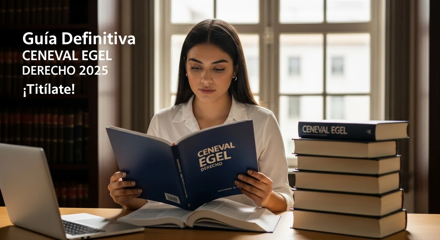 Estudiante de derecho consultando la guía oficial del CENEVAL EGEL Derecho en una biblioteca, preparándose para su examen.
