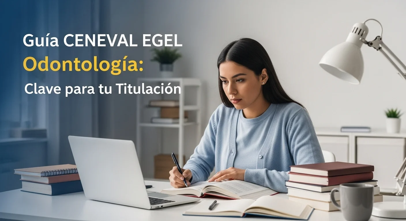 Estudiante de odontología preparándose para el examen CENEVAL EGEL Odontología 2024, con libros y laptop.