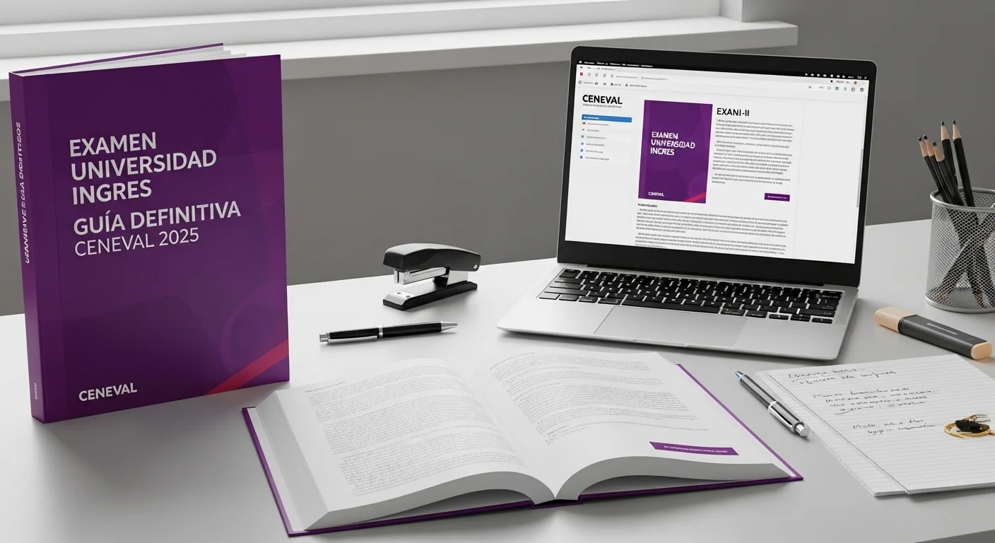 Guía de estudio del CENEVAL EXANI-II abierta sobre un escritorio junto a una laptop y material de papelería.