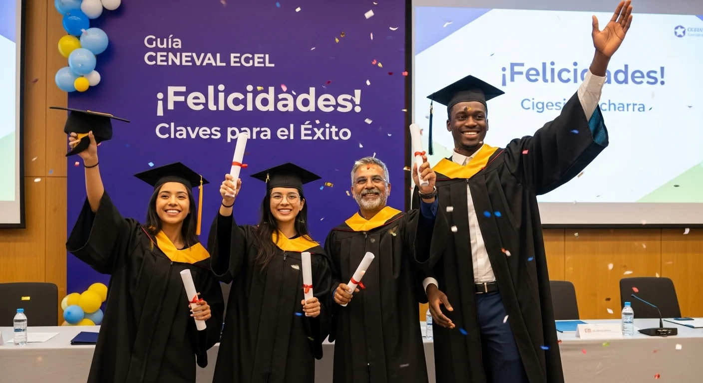 Grupo de ingenieros recién graduados celebrando su éxito tras aprobar el examen CENEVAL EGEL Ingeniería.