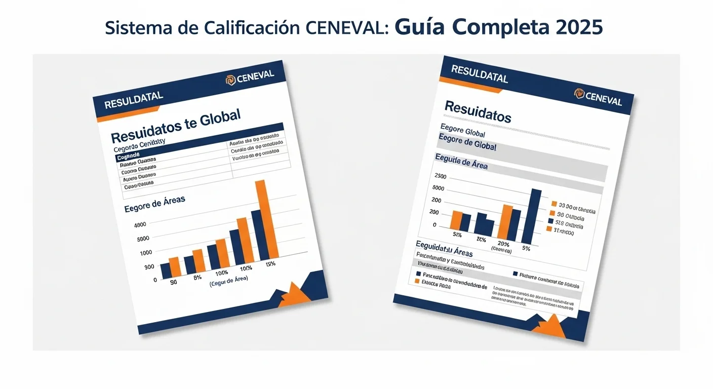 Ejemplo de un reporte de resultados CENEVAL con secciones destacadas para su interpretación, mostrando el puntaje global y por áreas.