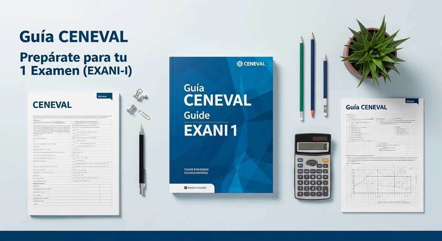 Una composición de materiales de estudio para el examen exani 1 2024, incluyendo la guía CENEVAL, lápices, calculadora y un examen de prueba exani 1.