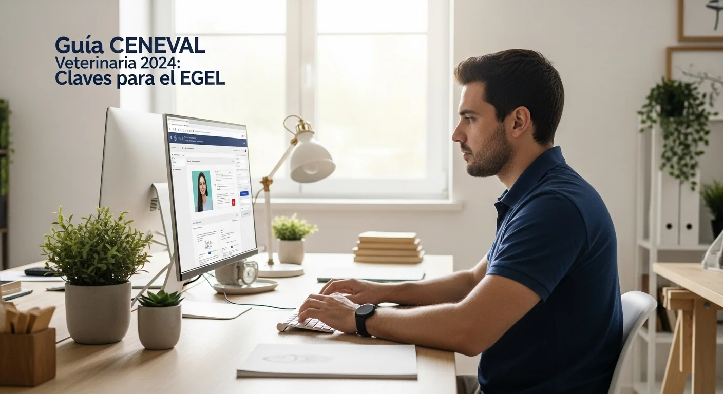Médico veterinario en proceso de presentar el egel veterinaria 2026 en la modalidad desde casa, enfocado en la pantalla de la computadora.