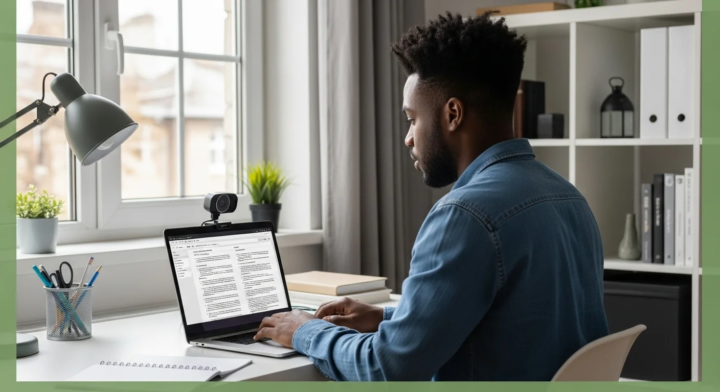 Una persona realizando el examen de admisión online de CENEVAL desde casa, con la cámara web activa y un entorno de estudio ordenado.