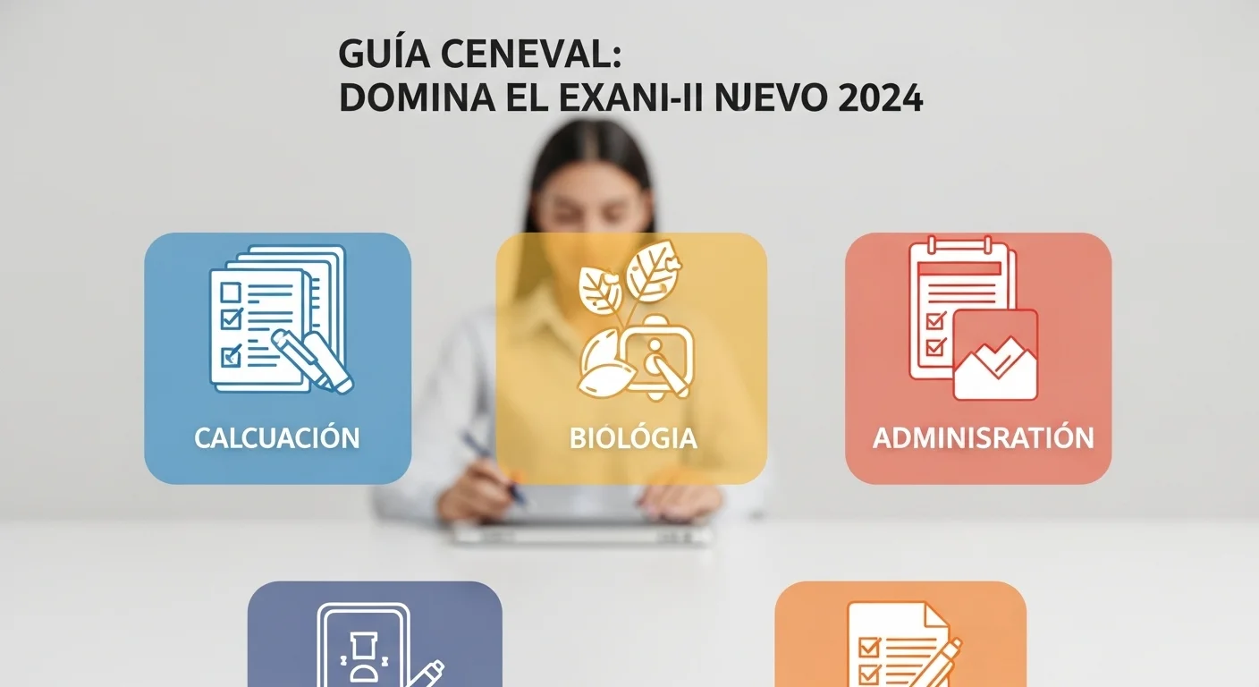 Iconos representando los diferentes módulos específicos del EXANI-II como cálculo, biología y administración para el ciclo 2024.