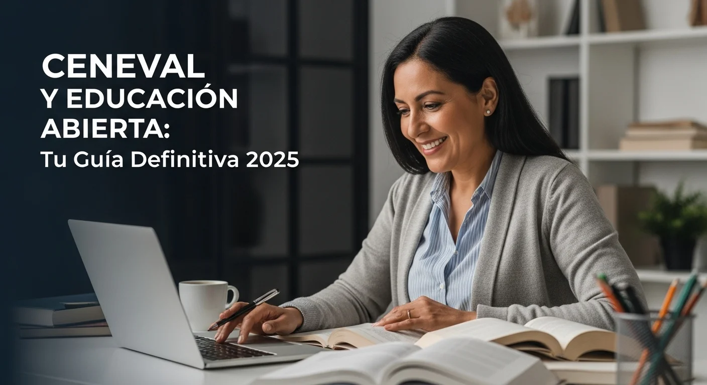 Mujer adulta sonriendo mientras estudia en una laptop para su examen de preparatoria abierta CENEVAL, con libros y un café en su escritorio.