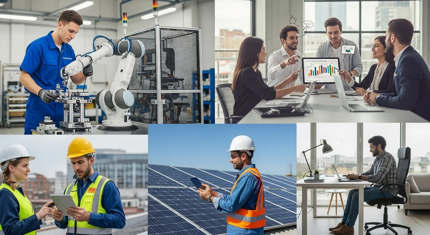 Collage de imágenes representando diversas carreras del siglo 21, como robótica, marketing digital, energías renovables y carreras en línea.