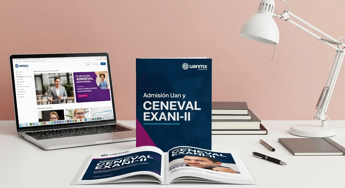 Escritorio con guía de estudio del CENEVAL EXANI-II, laptop abierta en el portal admision uan mx, y material de papelería.