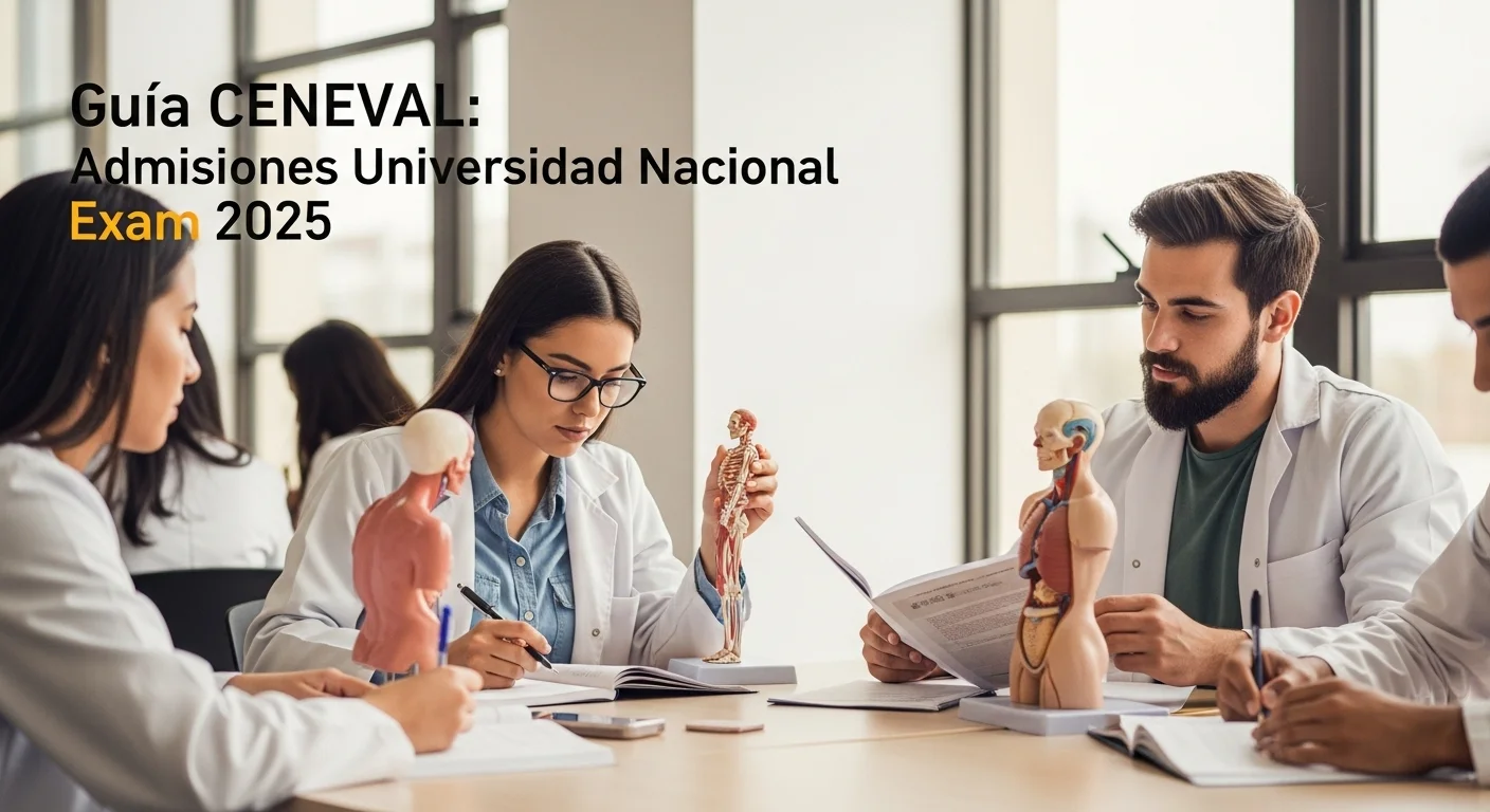Grupo de estudiantes de medicina revisando apuntes y modelos anatómicos en preparación para el examen de admisión de la universidad nacional.