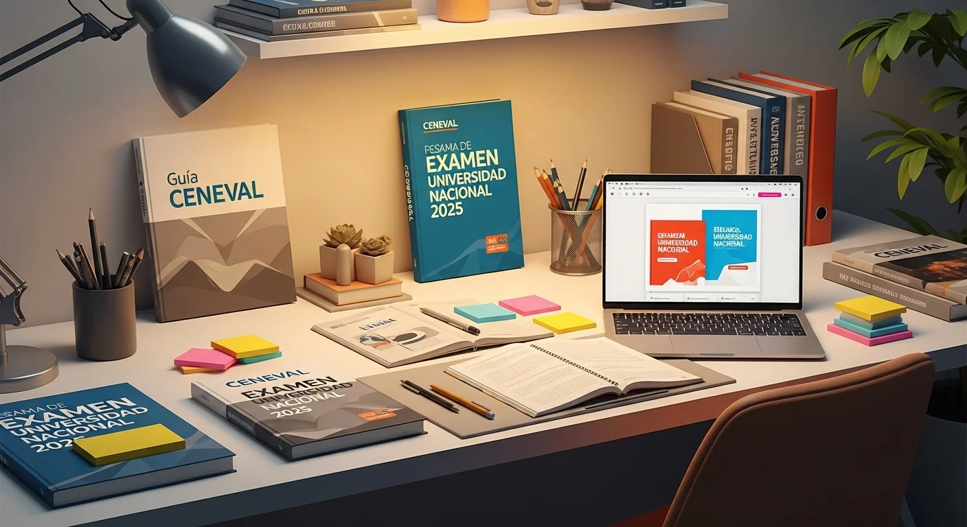 Escritorio de estudio con guías del CENEVAL, libros para el examen universidad nacional, laptop y notas adhesivas.