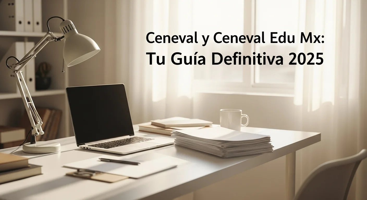 Escritorio preparado para un examen Ceneval desde casa, con laptop, hojas blancas y buena iluminación.