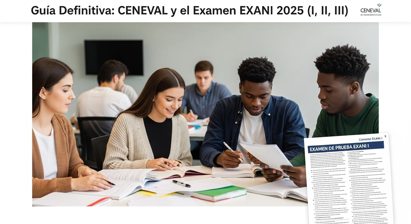 Grupo de estudiantes preparándose para el examen ceneval exani, utilizando libros, notas y practicando con un examen de prueba exani i.