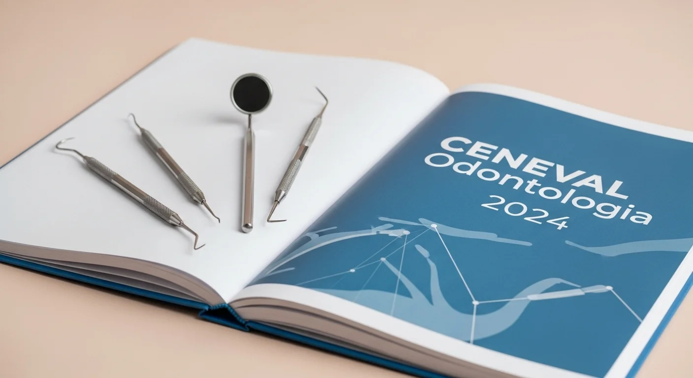 Set de instrumentos odontológicos sobre una guía de estudio del ceneval de odontologia, simbolizando la preparación práctica y teórica.