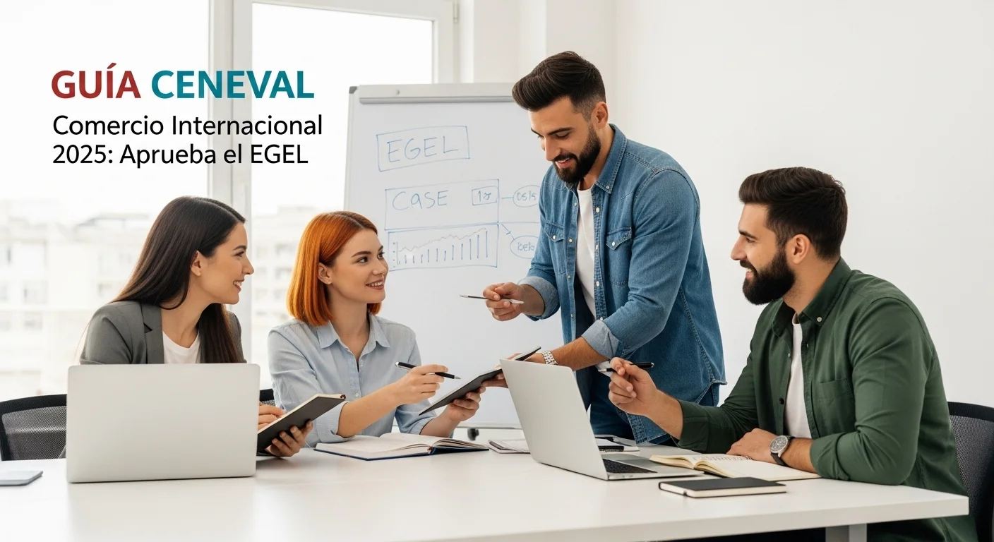 Grupo de estudiantes colaborando para resolver un caso práctico del examen EGEL Plus de Comercio Internacional.