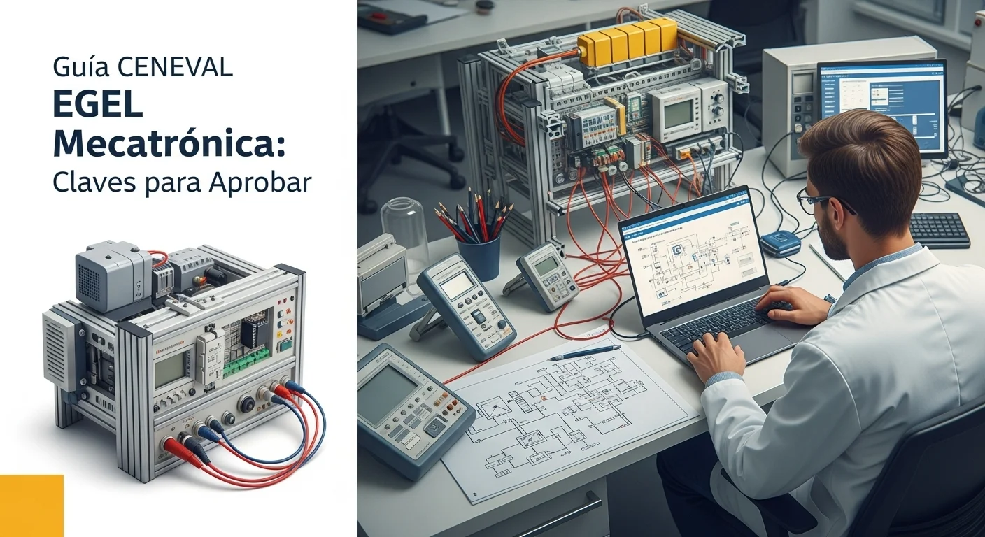 Imagen que muestra los elementos clave del examen EGEL Plus Mecatrónica: mecánica, electrónica, software y comunicación, representando una preparación integral.