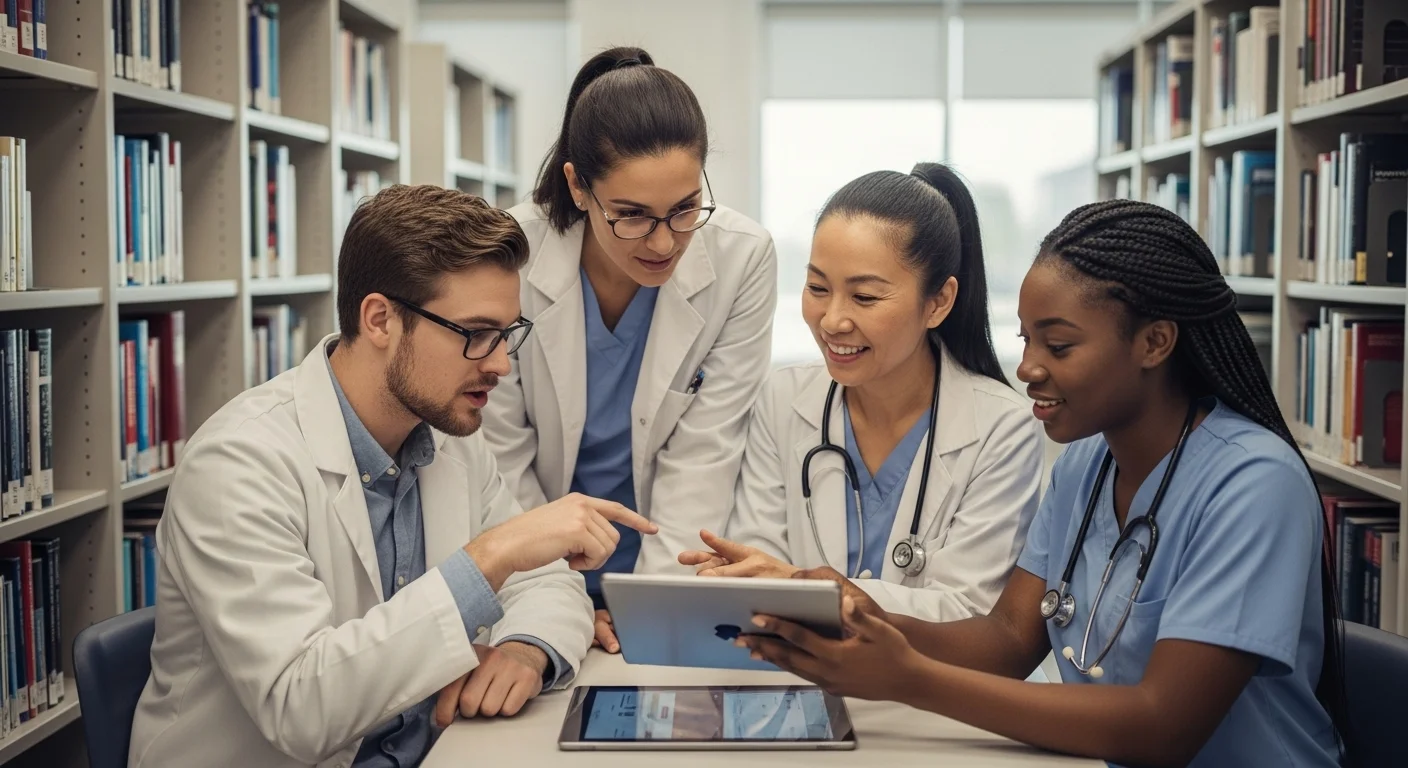 Grupo de estudiantes de medicina preparando el examen Ceneval EGEL Plus, discutiendo un caso clínico en una tableta digital.
