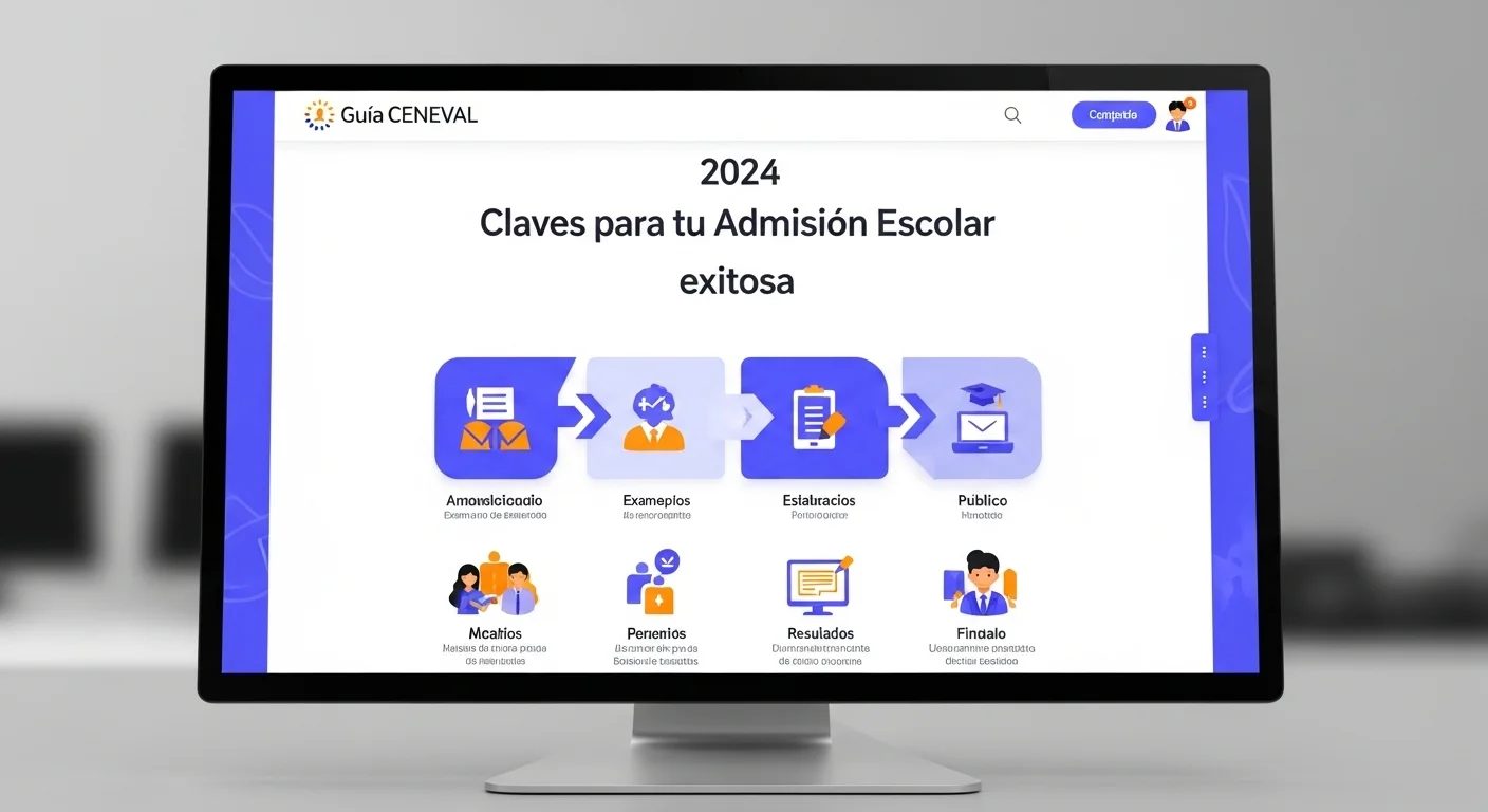 Infografía del proceso de admisión escolar online 2024, mostrando los pasos desde la convocatoria hasta los resultados en una pantalla.