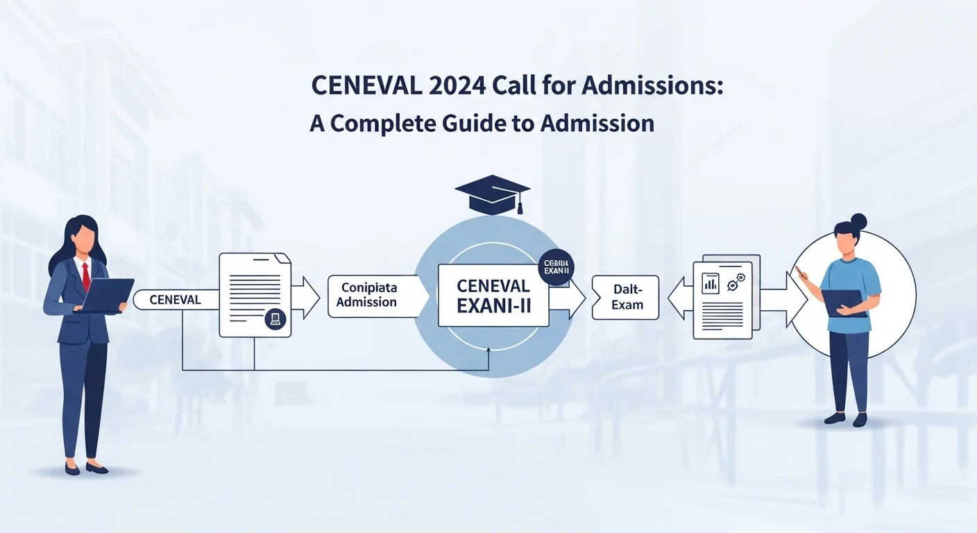 Diagrama del proceso de admisión para la convocatoria de universidad 2024, incluyendo el examen CENEVAL EXANI-II.
