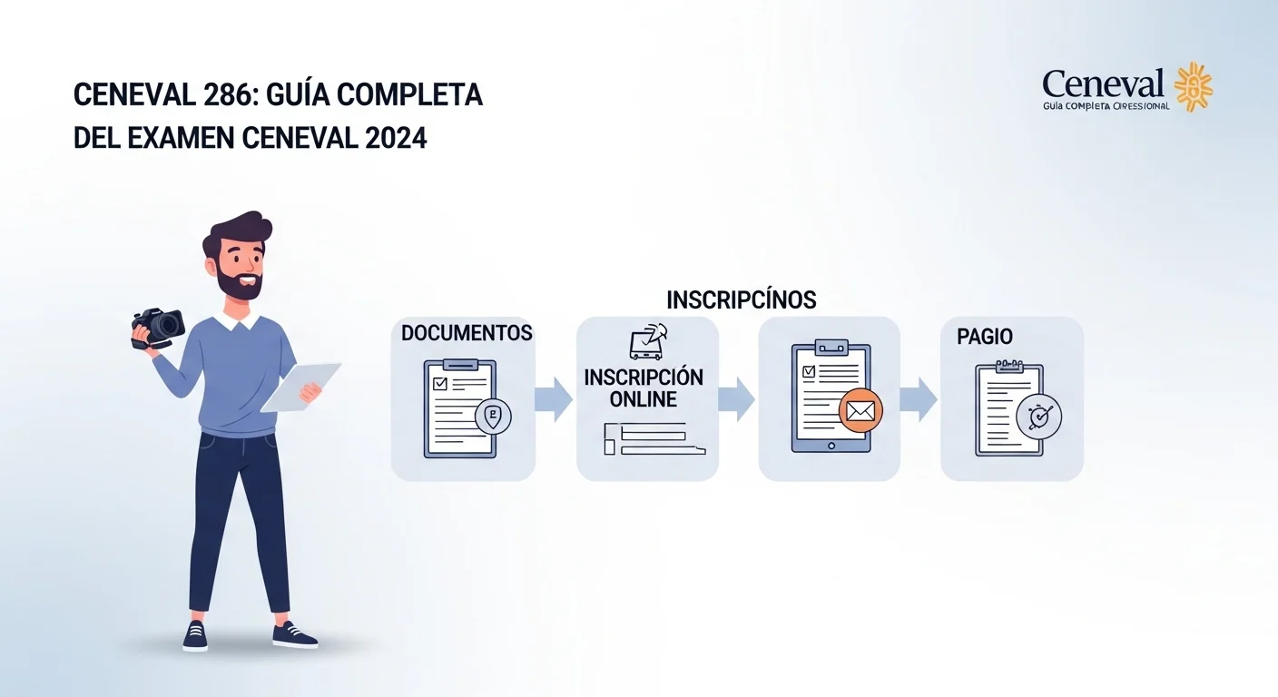 Infografía mostrando los pasos para la inscripción al Ceneval 286: documentos, registro en línea y pago.