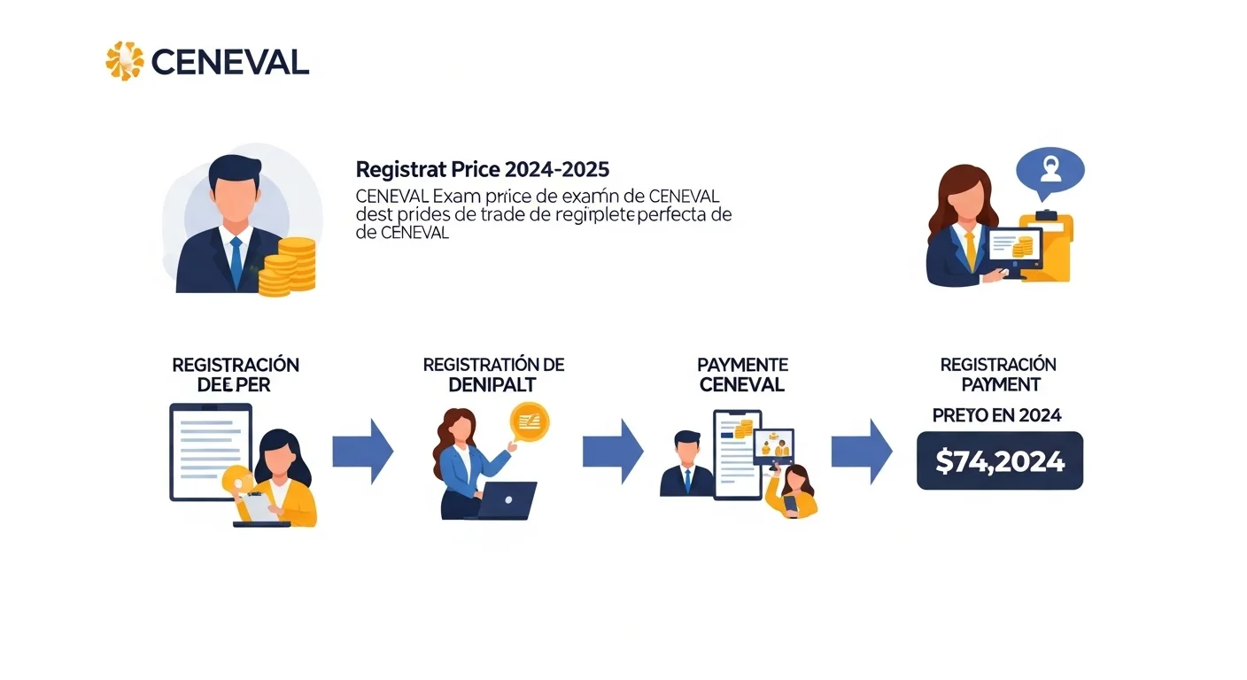 Infografía mostrando los pasos para el registro y pago del examen CENEVAL, incluyendo el examen ceneval 2024 precio.