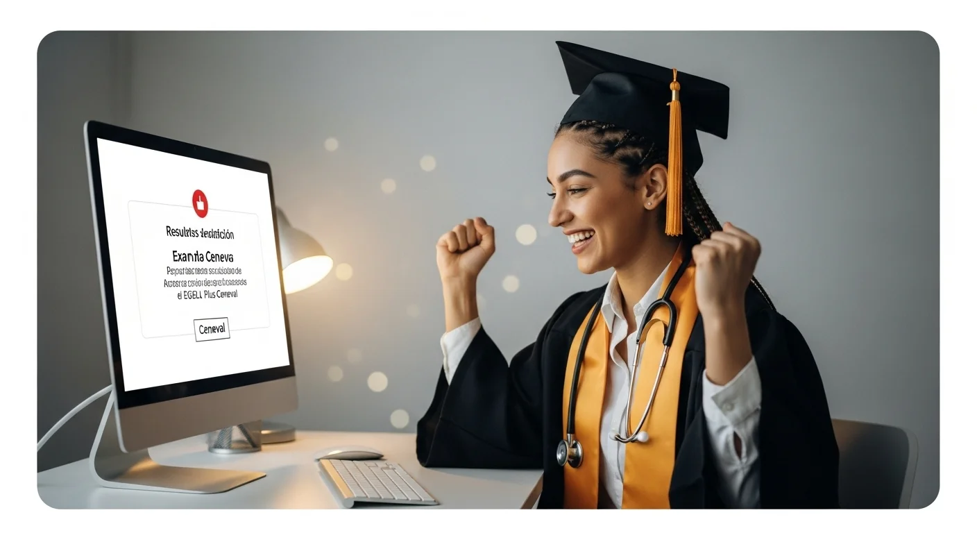 Un recién egresado de nutrición celebra al ver el resultado satisfactorio de su examen ceneval de nutricion en su computadora, validando su esfuerzo de preparación.