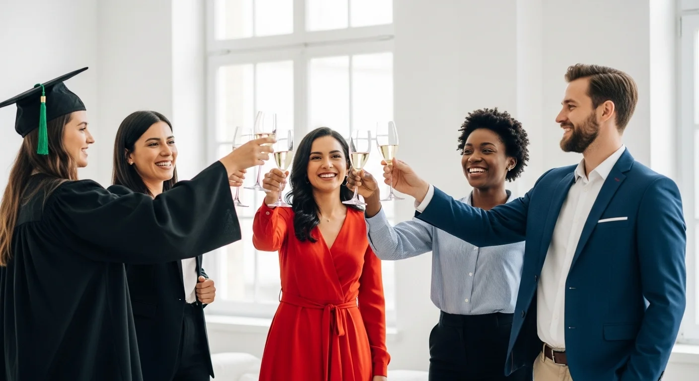 Grupo de profesionales de diversas carreras como derecho y psicología celebrando su titulación obtenida a través de CENEVAL.