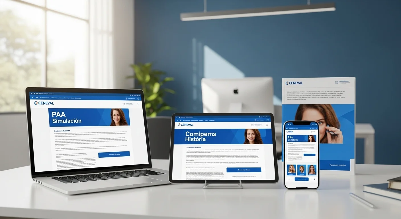 Múltiples dispositivos mostrando opciones de examen de simulacion PAA y examen de simulacion comipems historia, simbolizando la variedad de recursos disponibles.