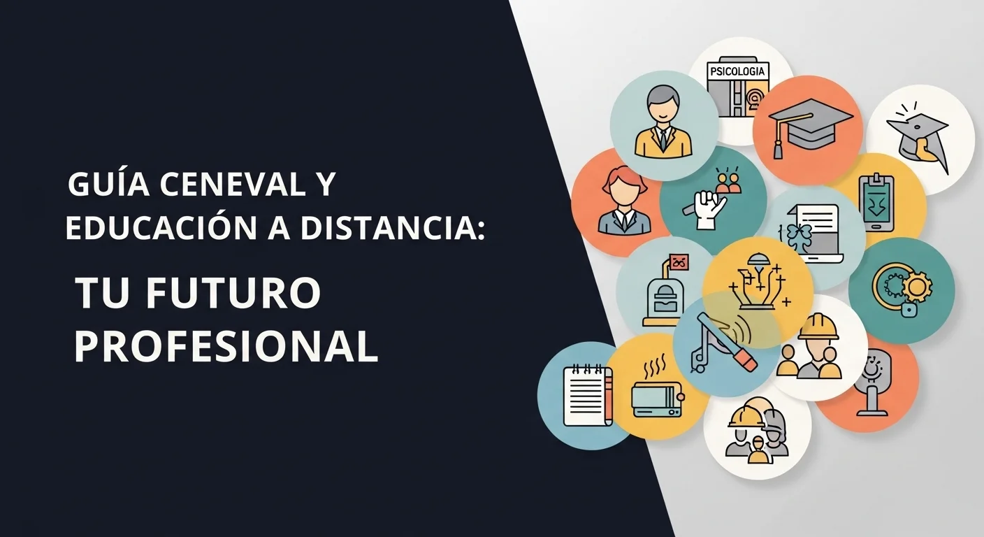 Collage de íconos que representan diversas carreras a distancia como psicología, ingeniería y administración, disponibles tras aprobar el CENEVAL.