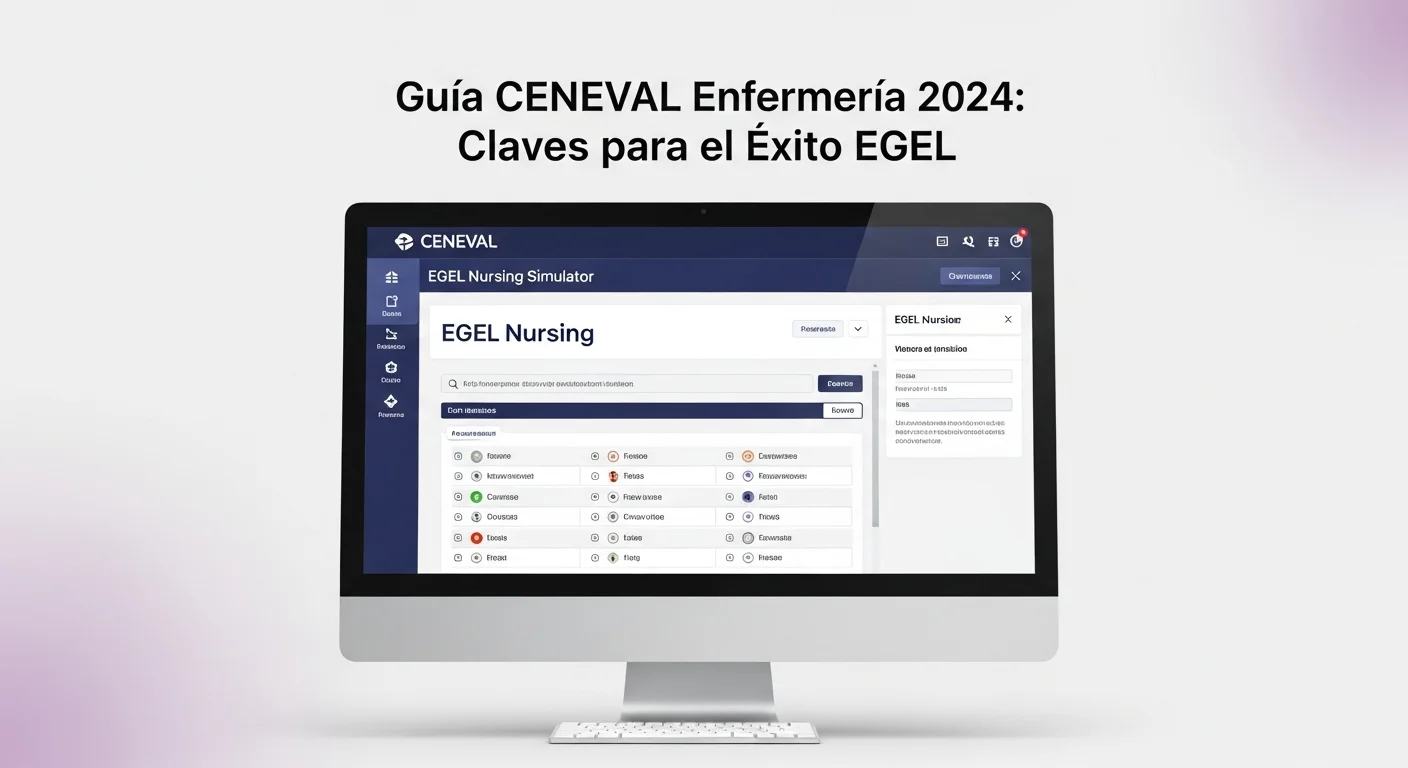 Pantalla de computadora mostrando un simulador del examen EGEL Enfermería 2024, destacando la importancia de un examen ceneval enfermería contestado como herramienta de práctica.