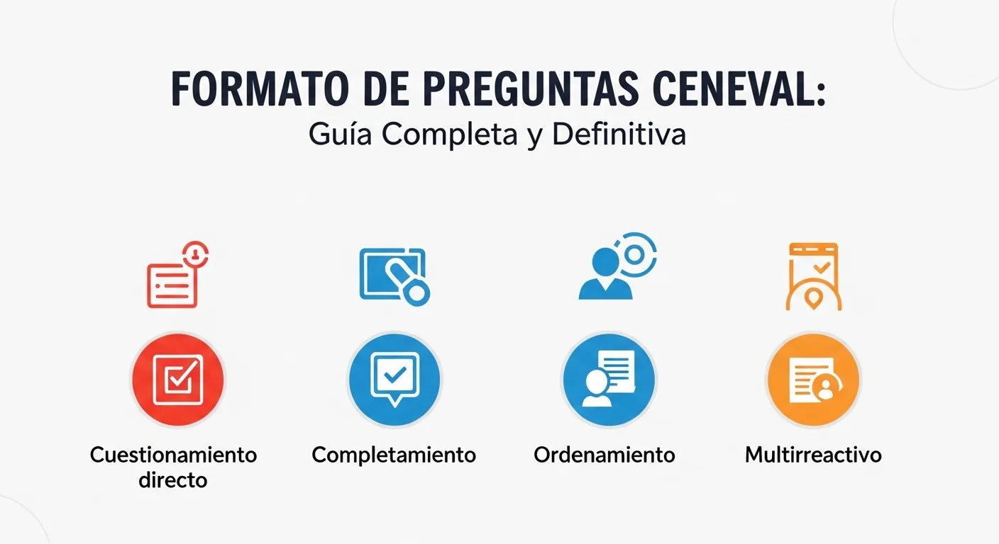 Infografía mostrando los diferentes tipos de reactivos CENEVAL: cuestionamiento directo, completamiento, ordenamiento y multirreactivo, con íconos representativos.